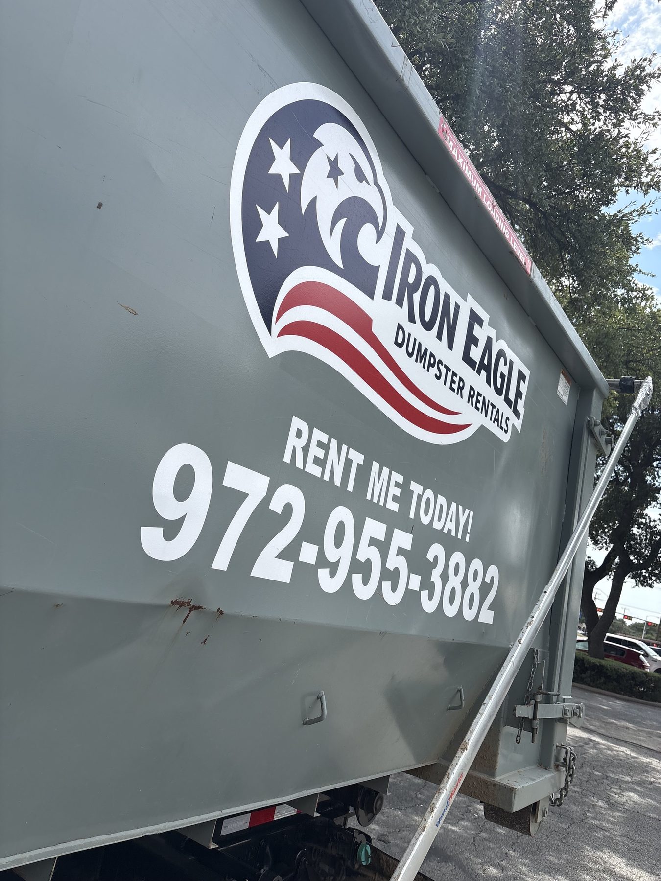 Iron Eagle Dumpster Rentals branded roll-off dumpster on a residential driveway